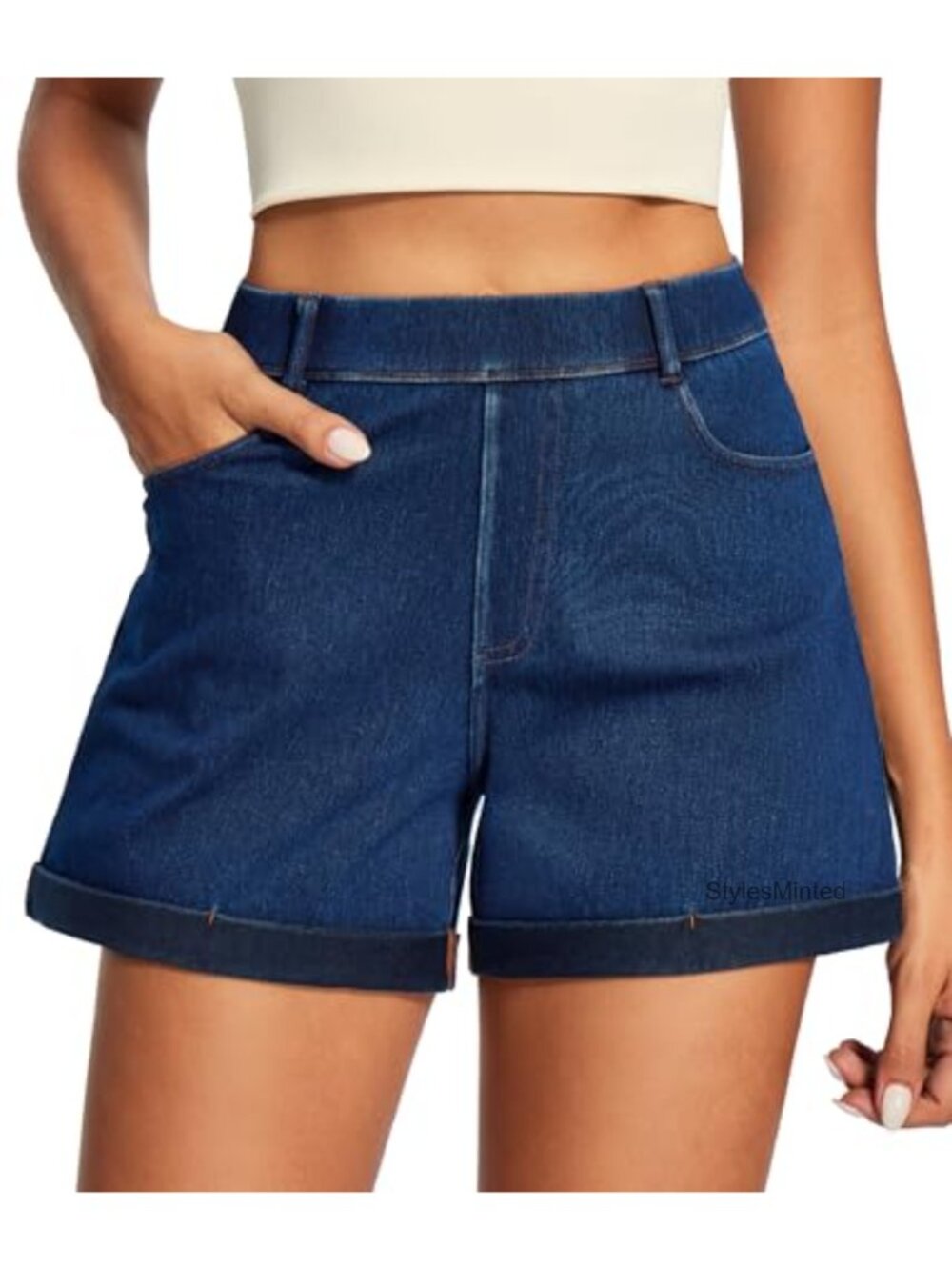 Stretchy High Waisted Baggy Jean Shorts Women Pull On Denim Jorts Cuffed